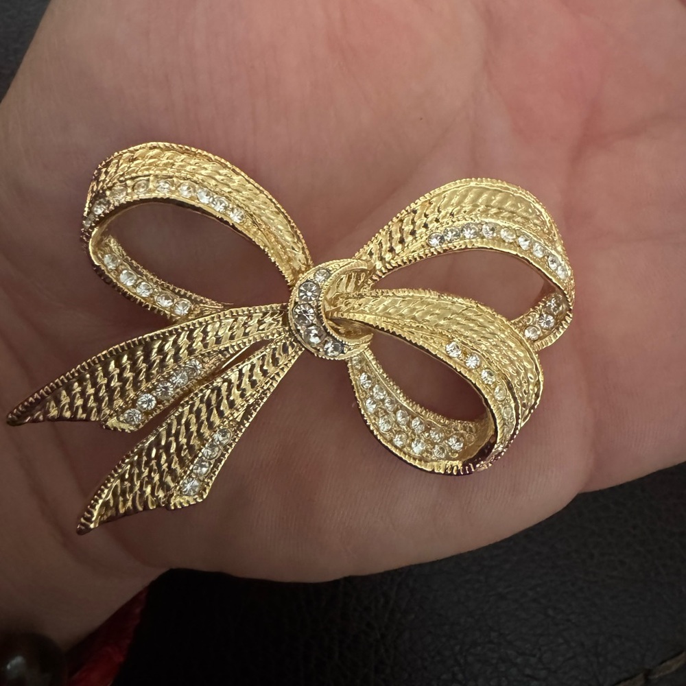 Vtg Roman Brooch Pin Bow Gold Tone Rhinestone 2.5"
